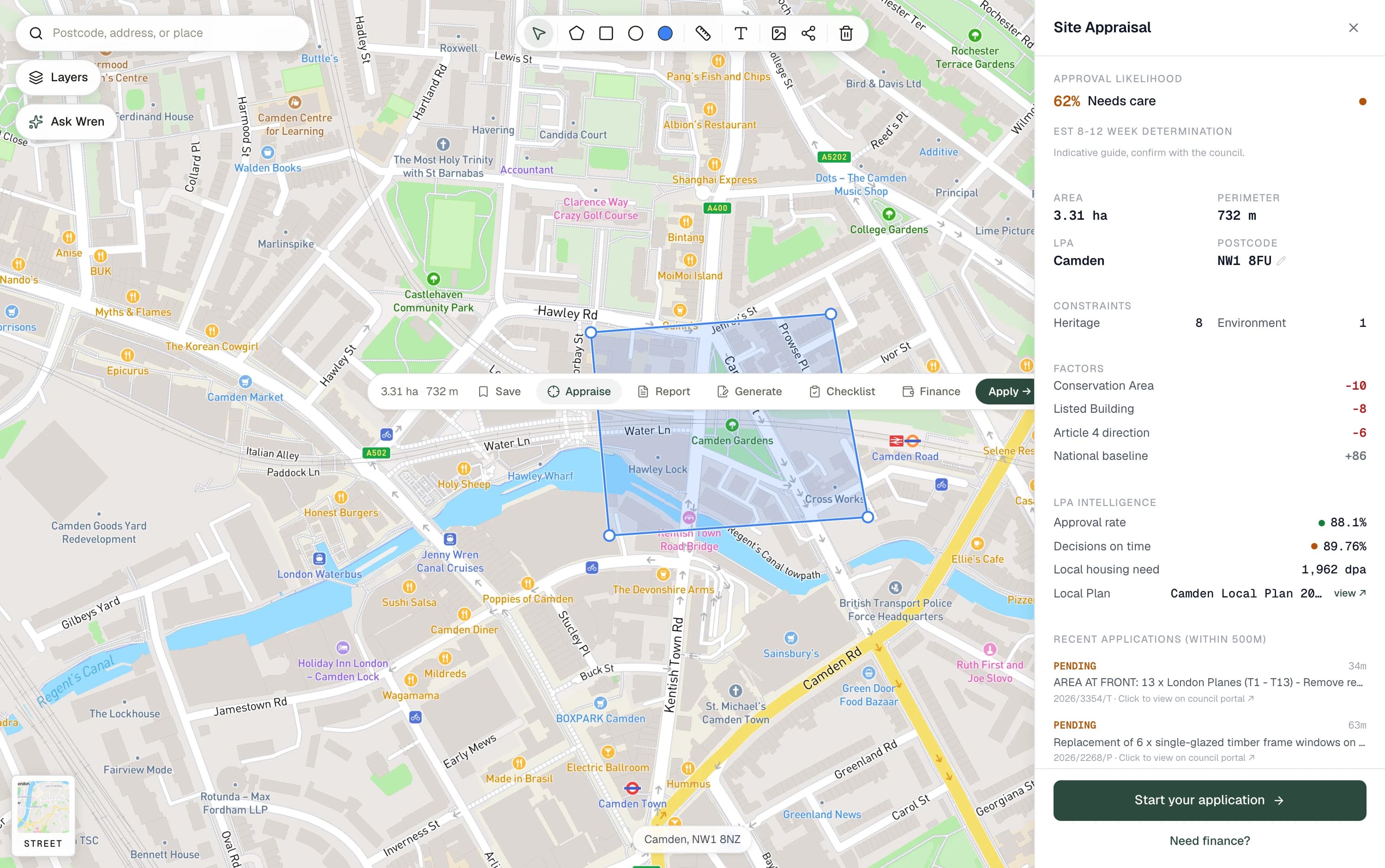 The Wren site appraisal panel listing the constraints found against a drawn boundary, with a traffic-light state for each.