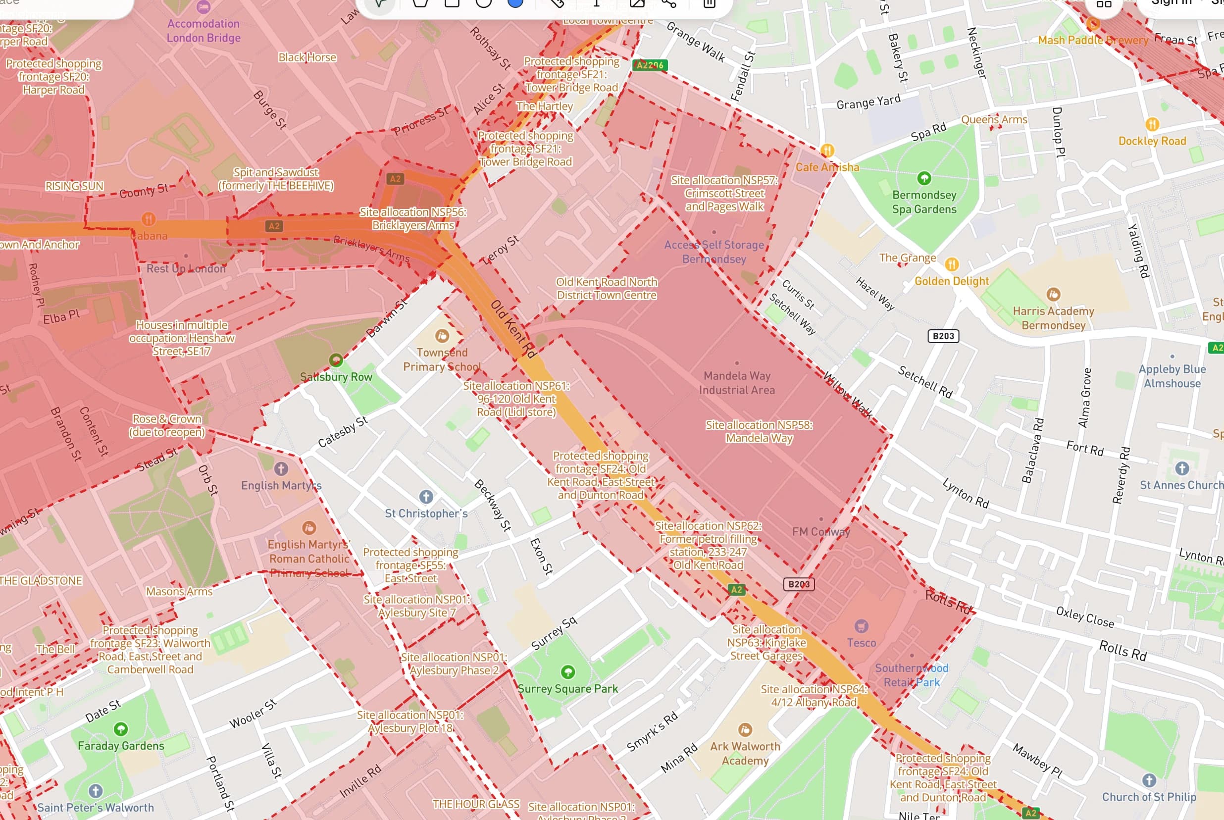 The constraint layer that makes a Lawful Development Certificate necessary, rendered over a street basemap.