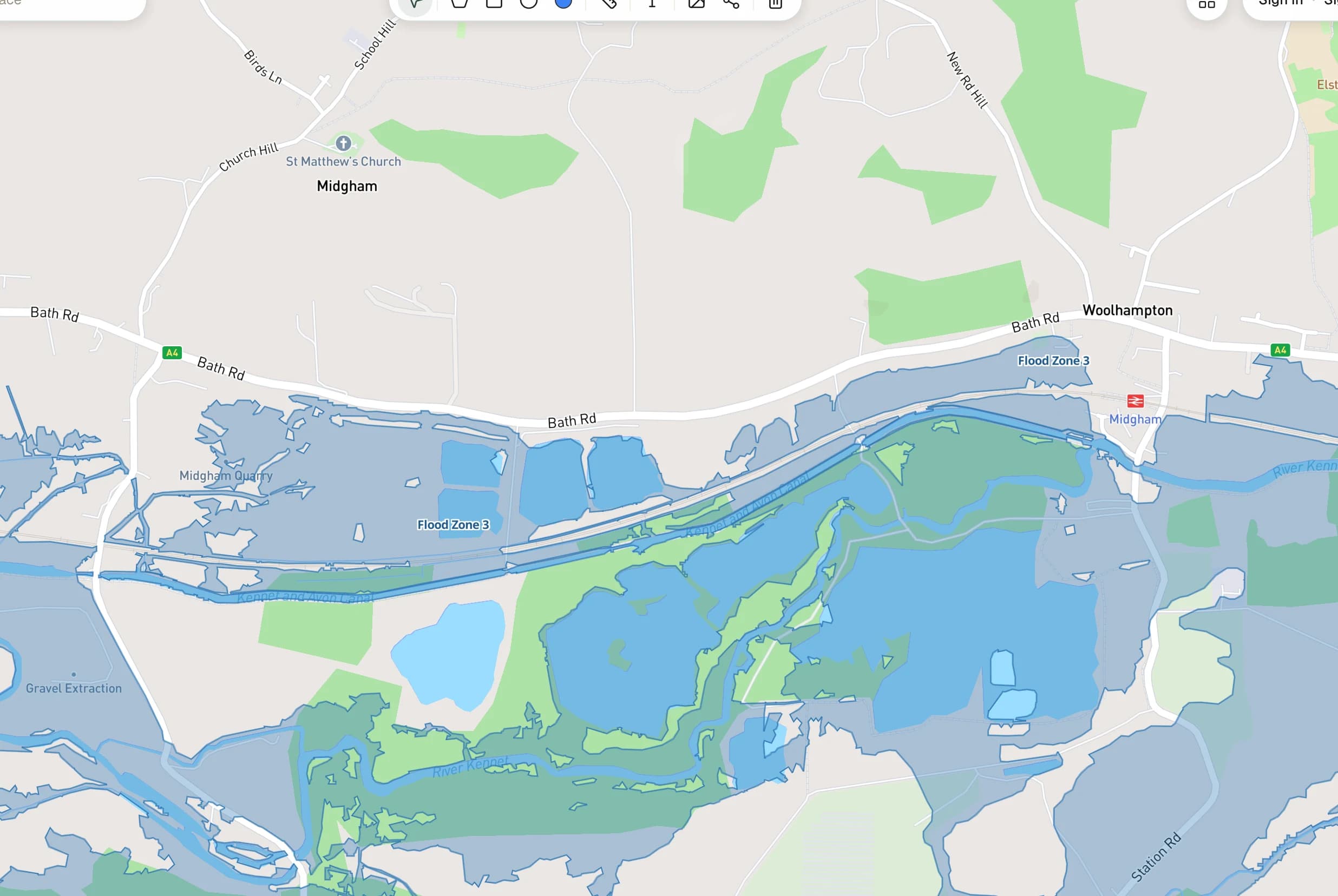 The constraint layer that makes a Flood Risk Assessment necessary, rendered over a street basemap.