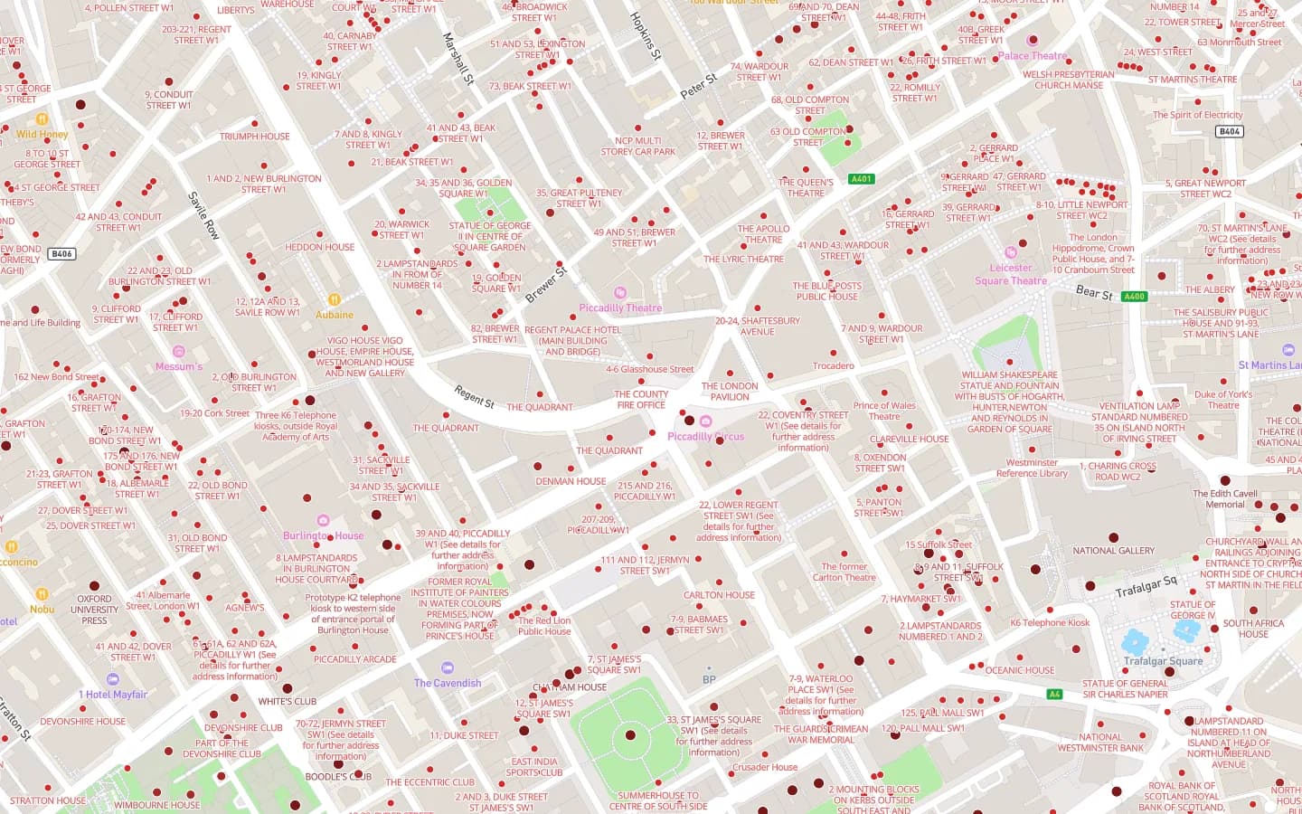 The Listed buildings layer rendered over a street basemap in the Wren map.
