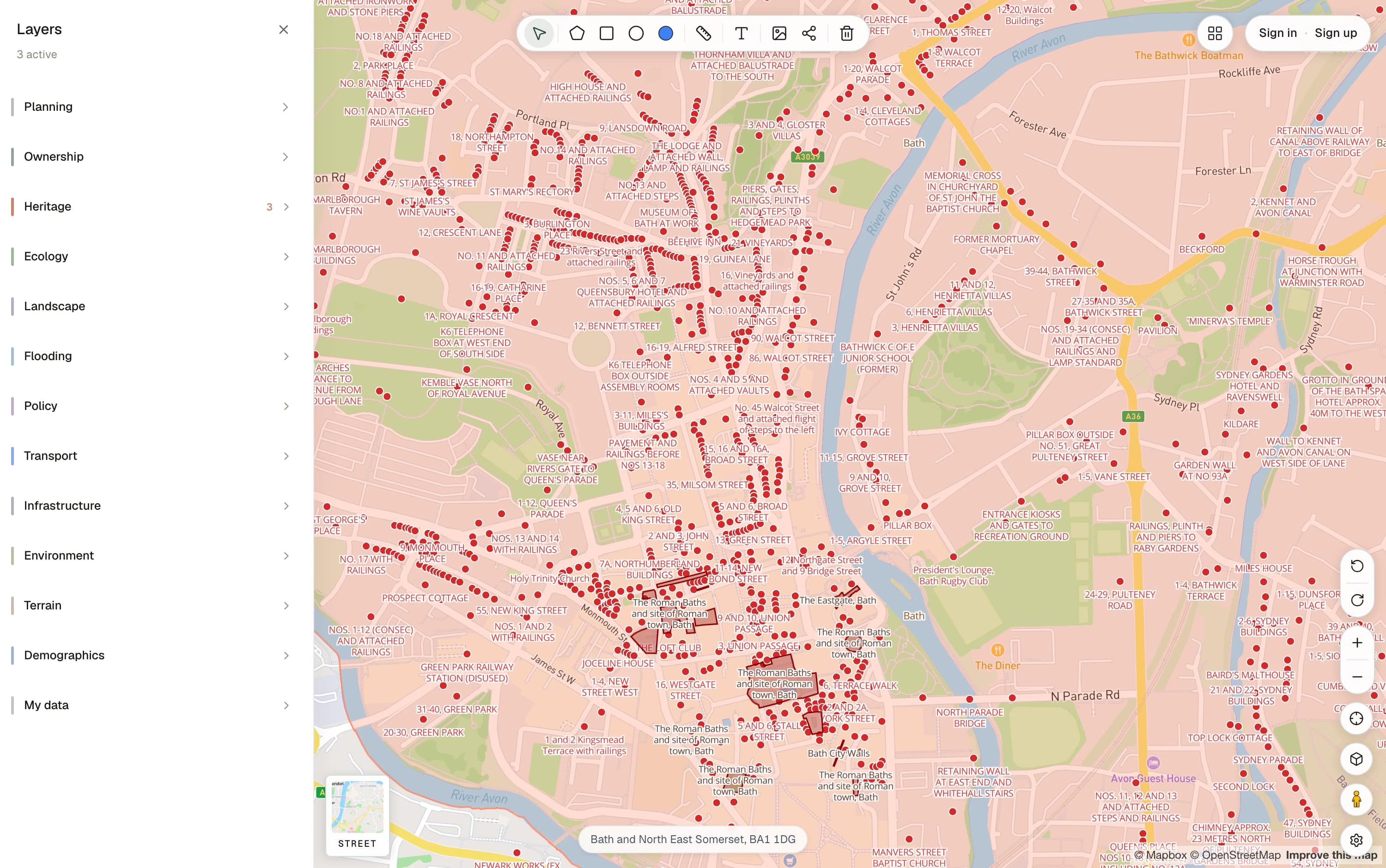 The Wren map showing Bath city centre on a street basemap, with listed buildings and the conservation area boundary switched on, and the layer catalogue open on the left.