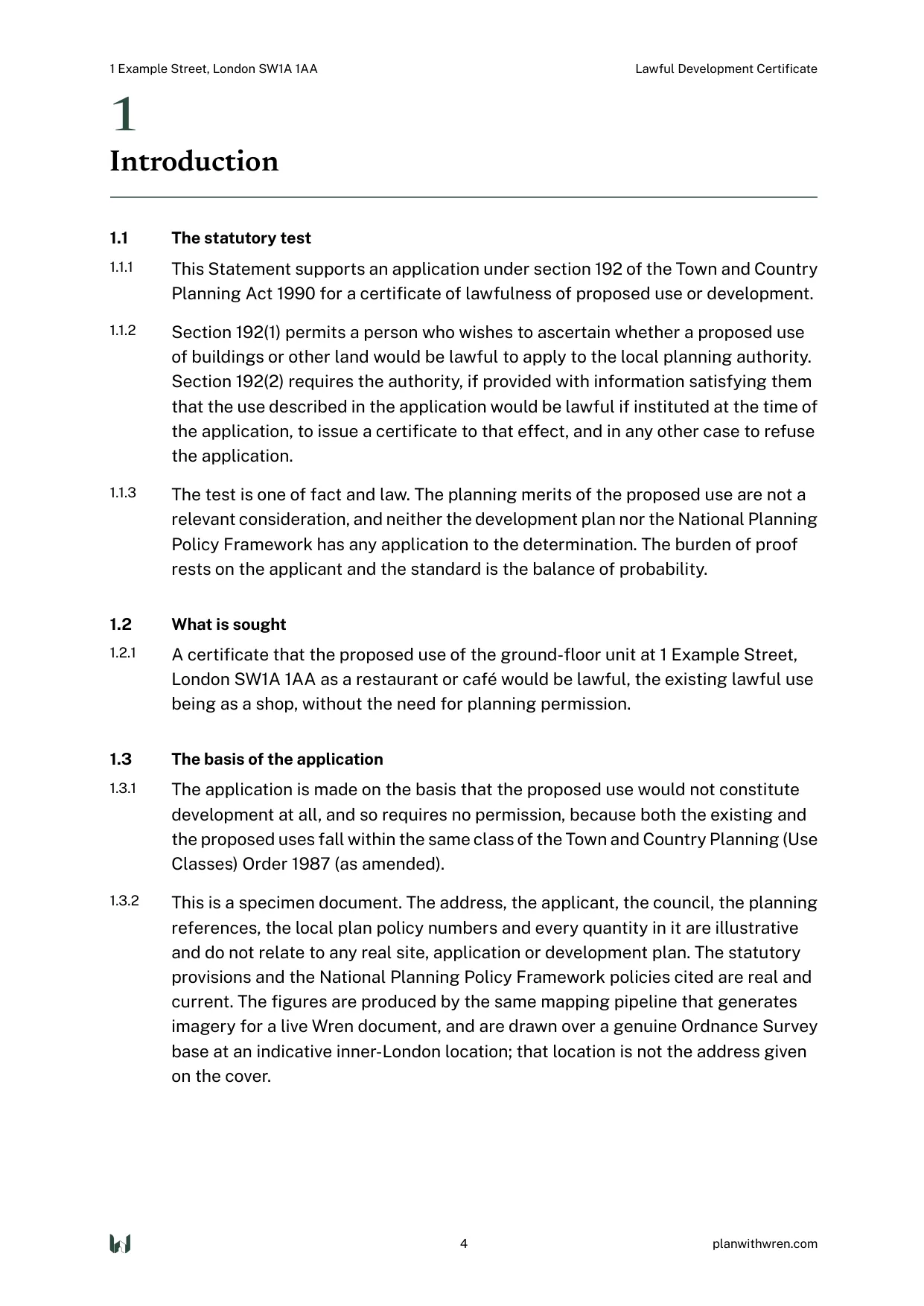 A page from the Lawful Development Certificate specimen.