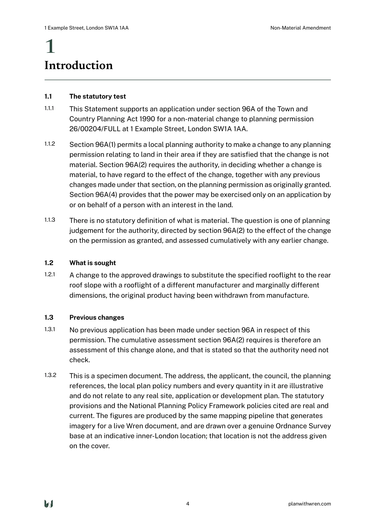 A page from the Non-Material Amendment specimen